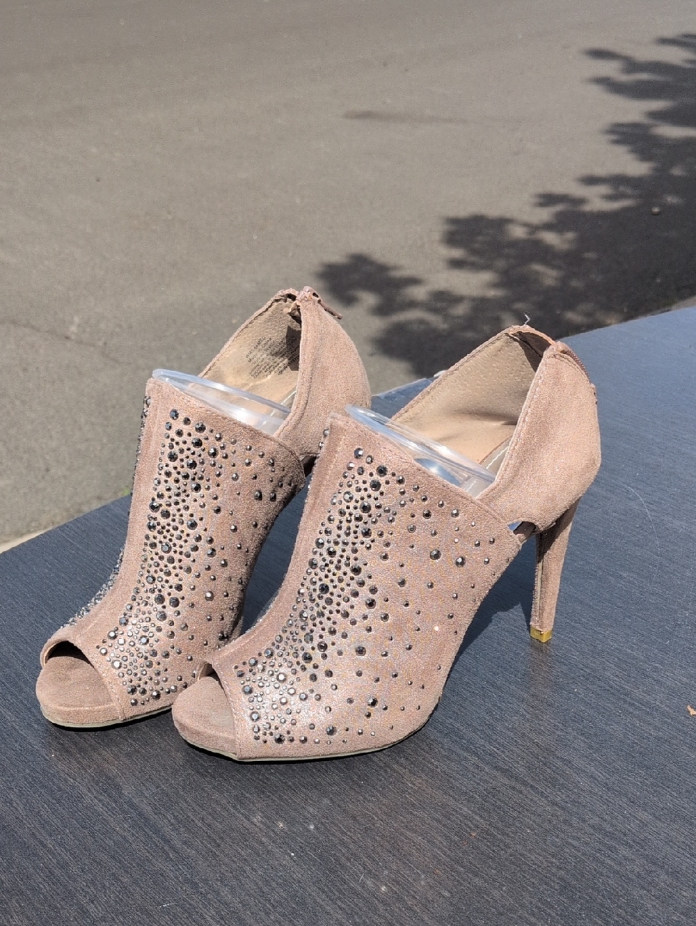 Jennifer Lopez Taupe Suede Open-Toe Studded High Heels